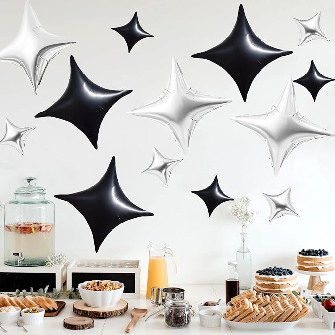 TONIFUL 30Pcs Four Pointed Star Balloon 26In&10In Black Silver Foil Balloon | - Image 5