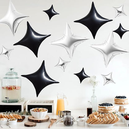 TONIFUL 30Pcs Four Pointed Star Balloon 26In&10In Black Silver Foil Balloon | - Image 5