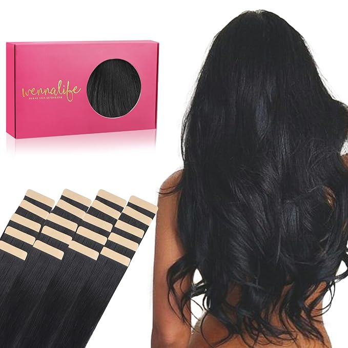 WENNALIFE Tape in Hair Extensions Human Hair, 20pcs 60g 28 inch Jet Black Remy Hair Extensions Straight Human Hair Tape in Extensions Skin Weft Tape Extensions Human Hair