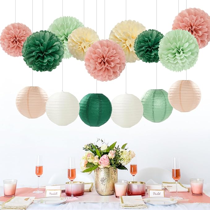 Sage-Green Pink Party-Decorations Paper-Flowers Lanterns - Image 3