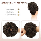 FESHFEN Messy Bun Hair Piece - Elastic Wavy Curly Hair Bun Scrunchies Extensions Synthetic Chignon Hairpieces for Women Girls, Dark Brown & Light Auburn Mixed 1.5 oz