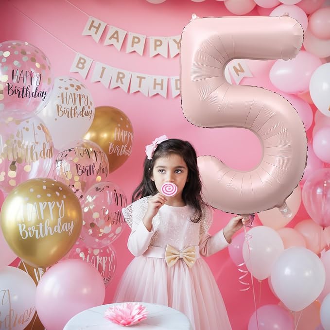 Big Number 5 Balloons, Dusty Light Blush Pink Foil 5 Balloon Numbers 40 inch - Image 4