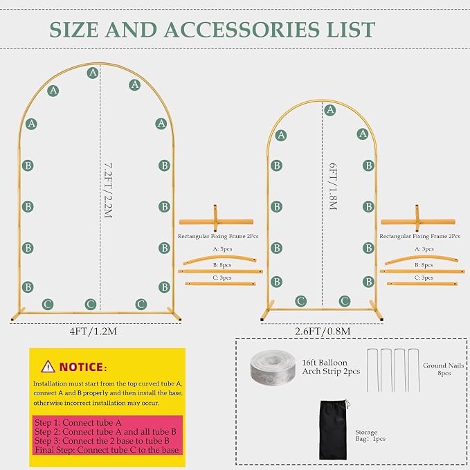 WellSign 7.2FT, 6.6FT Wedding Arch Backdrop Stand Set of 2 | 2PK Gold Metal - Image 6