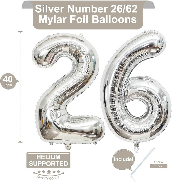 40 Inch Silver 26 Number Balloons Giant Jumbo Huge 26 or 62 Foil Mylar Helium - Image 2