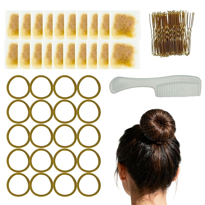 Invisible Hair Nets 50cm with 20Pcs,50Pcs U Shaped Bobby Pins,20Pcs Hair Ties and a Comb Styling Accessories Set,50cm for Ballet Bun,Wig,Food Service,Cabin Attendant, for Women and Girls(Gold) ﻿