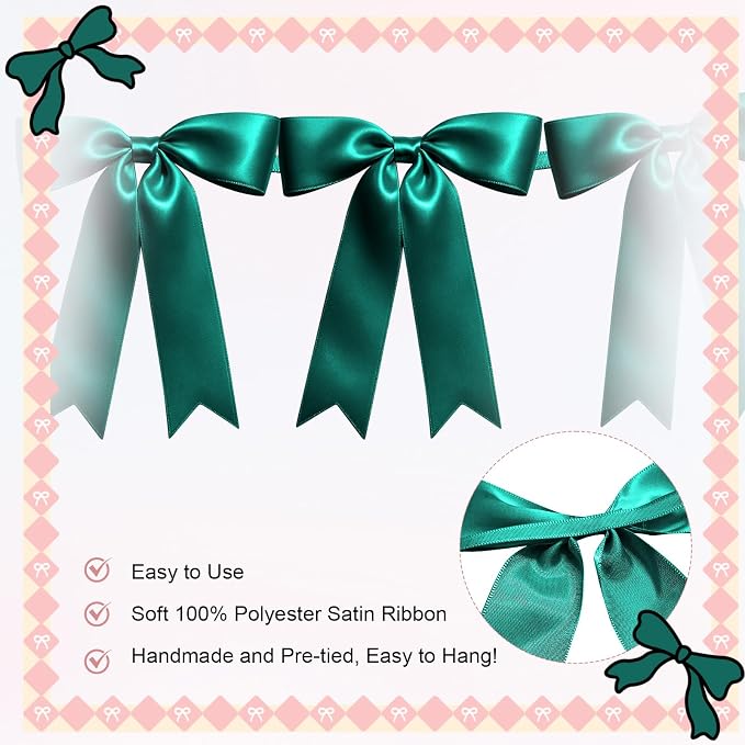 2 Strings of 16PCS Dark Green Bow Garlands Banner Decoration, Pre-Strung Satin - Image 3
