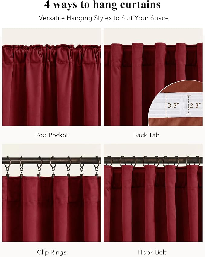 Red Velvet Curtains Extra Long for Chrismas Decor, W52 x L102, Room Darkening - Image 2