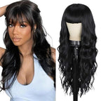 EMMOR Black Wigs for Women Long Curly Wigs With Bangs Water Wavy Synthetic Wig, Party Cosplay Daily Use