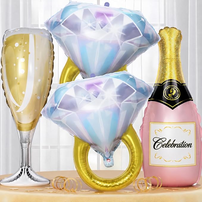 Diamond Ring Balloons Champagne Bottle Wine Glass Foil Balloons by Togvu