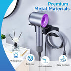 Hair Dryer Holder Wall Mounted, Blow Dryer Holder Adhesive, Metal Hairdryer Holder for Bathroom, Hair Tool Organizer with Plug&Cord for Cabinet Bathroom Bedroom Barber Shops