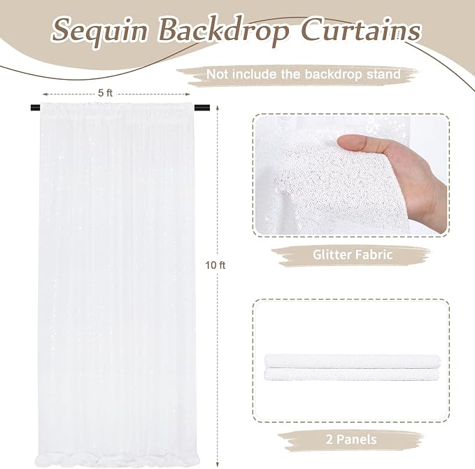 White Sequin Backdrop Curtains 2 Pcs 5FTx10FT Glitter Background Sparkly Party - Image 5