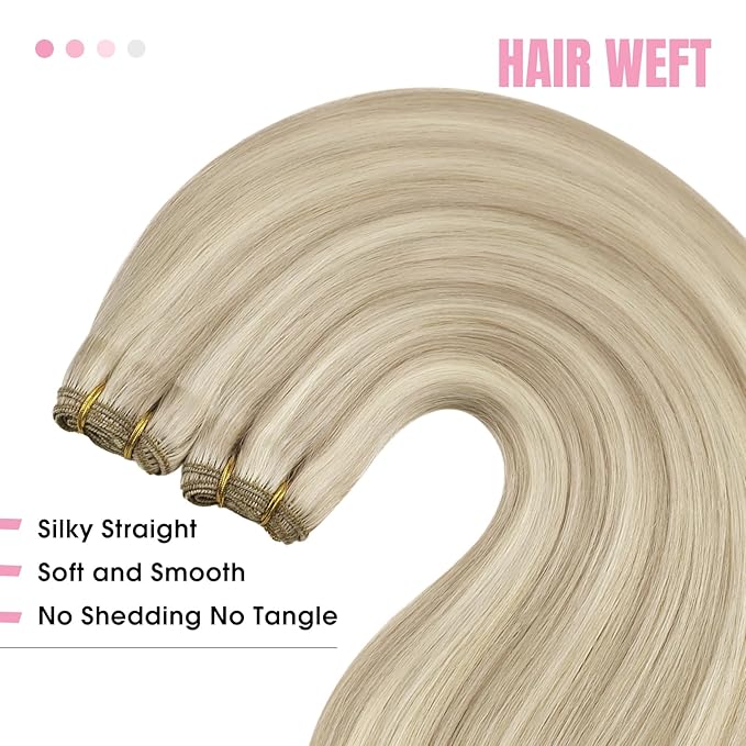 YoungSee 130G Blonde Weft Hair Extensions Highlight Warm Ash Blond Mix Bleach Blonde Hair Weft Extensions Long Straight Human Hair Extensions Sew in for Fuller Look 24 Inch