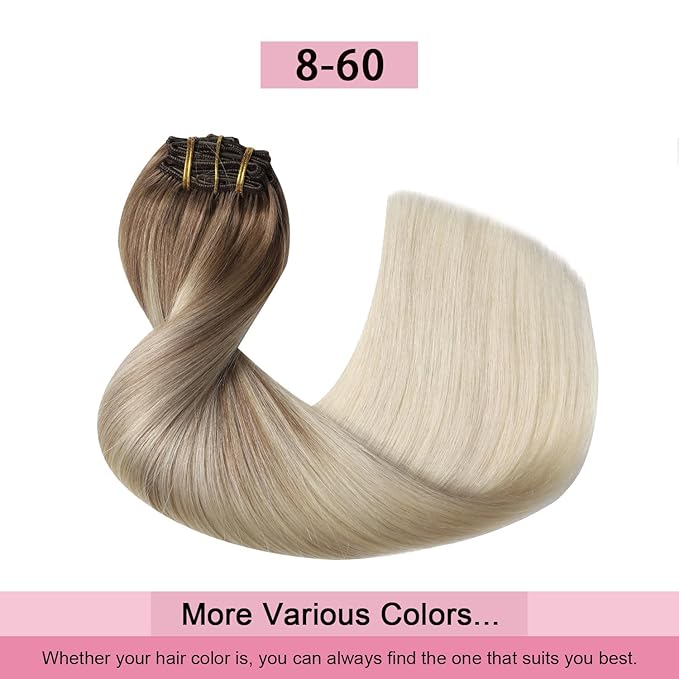 Pro2.0 Clip in Hair Extensions Real Human Hair 22inch 7pcs #8/60 Ash Brown to Platinum Blonde Real Hair Extensions Clip in Human Hair 120g Double Weft（#8/60-22inch）