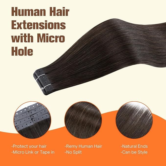 Full Shine Tape in Hair Extensions Human Hair Color 2 Dark Brown 30G Tape Extensions Remy Hair 20Pcs 12Inch Invisible Tape in Extensions No Clips for Daily Wear Seamless Glueless Straight Party