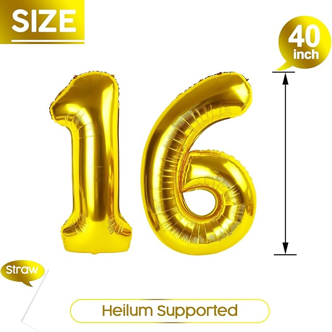 16 Balloon - Gold Birthday Number Balloons, 40 Inch Decorations Men Women | - Image 5