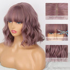 MISSQUEEN Short Wavy Wigs for Women,Synthetic Cute Purple Wavy Wigs with Bangs,14inch Natural Curly Synthetic Women Bob Wig(Purple)