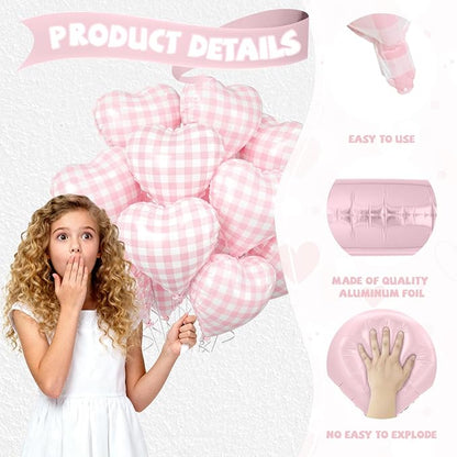 Pink White Checkered Heart Balloons, 18 Inch Lattice Foil Valentines Balloons - Image 3