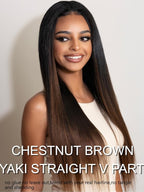 YIROO V Part Human Hair Wig - Ombre Chestnut Brown Yaki Straight Glueless No Leave Out - Upgrade U Part for Women - V Shape Clip in Half No Glue No Sew in Beginner 24 Inch