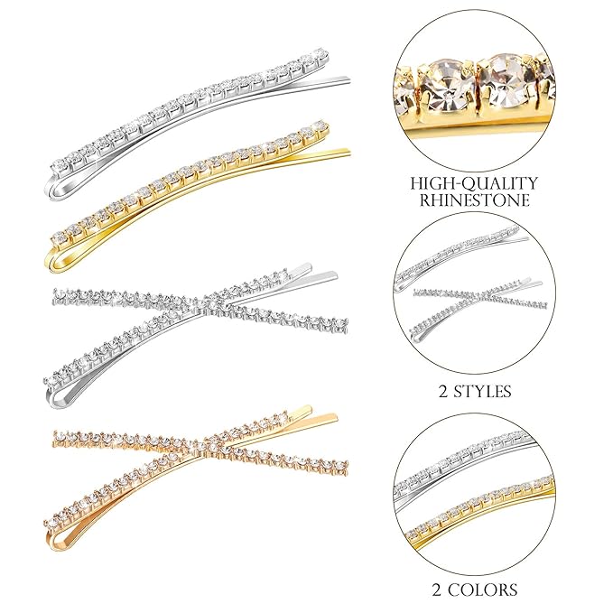 12 Pieces Rhinestone Bobby Pins Decorative Fancy Crystal Hair Clips Shiny Metal X Shaped Barrettes Bling Diamond Wedding Bridal Shower Hair Accessories for Women Ladies Girls (Gold, Silver)