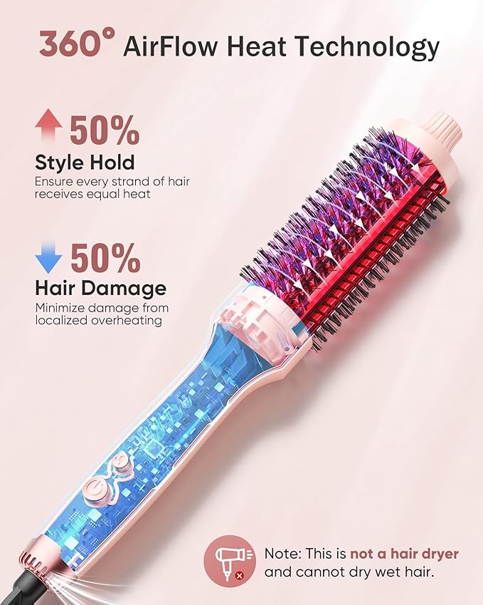 Thermal Brush for Blowout Look, 360° Airflow Heated Round Brush with 2× Negative Ions Release for Less Frizzy, 1.5 Inch Dual Voltage Heated Curling Brush for Travel, Dual PTC Technology, Pink
