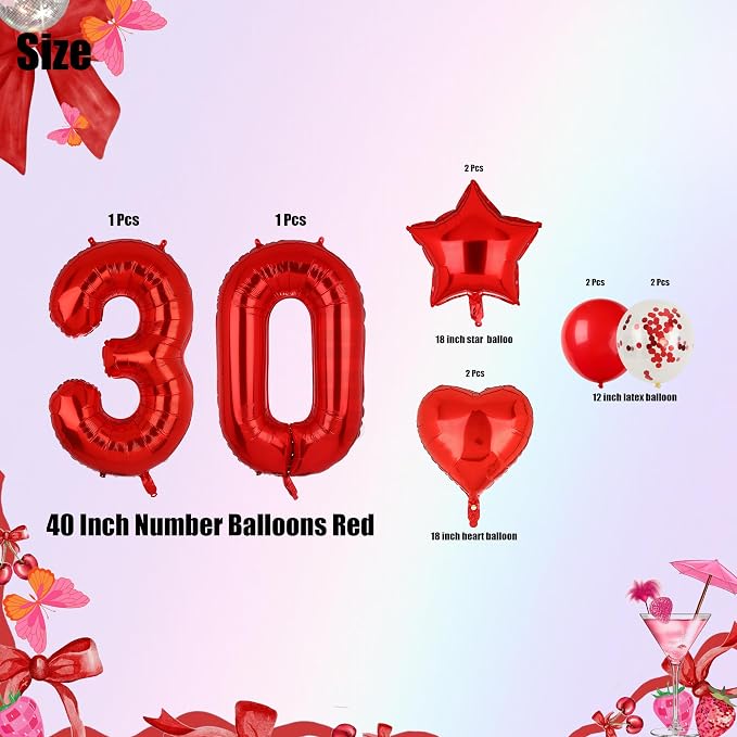40 Inch Red Number Balloons 30 Foil Balloon 30th Birthday Party Decor 10Pcs | - Image 2