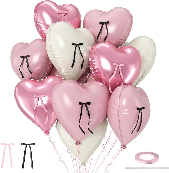 Pink White Heart Balloons with Ribbon Bow, 18 Inch Helium Balloon with Bow Decor by TAOYE