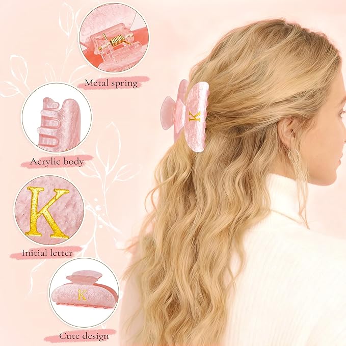 Preppy Hair Clips Hair Claws for Women Her - Personalized Cute Initial Hair Clips for Girlfriend Bridesmaid Wife Mom | Hair Claw Accessories for Friend | Birthday Gift Idea - Pink,C