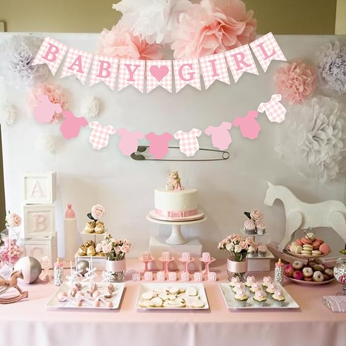 Pink Gingham Baby Banner Girl Plaid Welcome Baby Shower Sign Decoration - Image 2