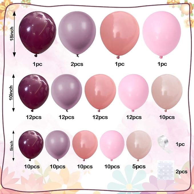 Dusty Rose Pink Balloon Garland Arch, Retro Purple Burgundy Pink Balloons - Image 2
