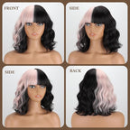 MISSQUEEN Short Black and Light Pink Wavy Wig with Bangs for Women Heat Resistant Synthetic Hair Two Color Cosplay Party Costume Wig Halloween Wig