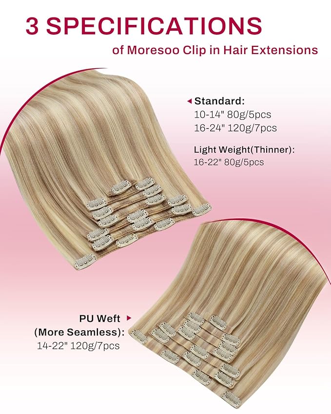 Moresoo Seamless Hair Extensions Clip in Human Hair Dark Ash Blonde with Golden Blonde Remy Clip in Hair Extensions Blonde Highlight 7pcs/120g 20inch