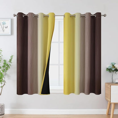 Brown and Yellow Blackout Curtains 45 Inch Length, Full Light Blocking Gradient by ESTELARTEXTILER