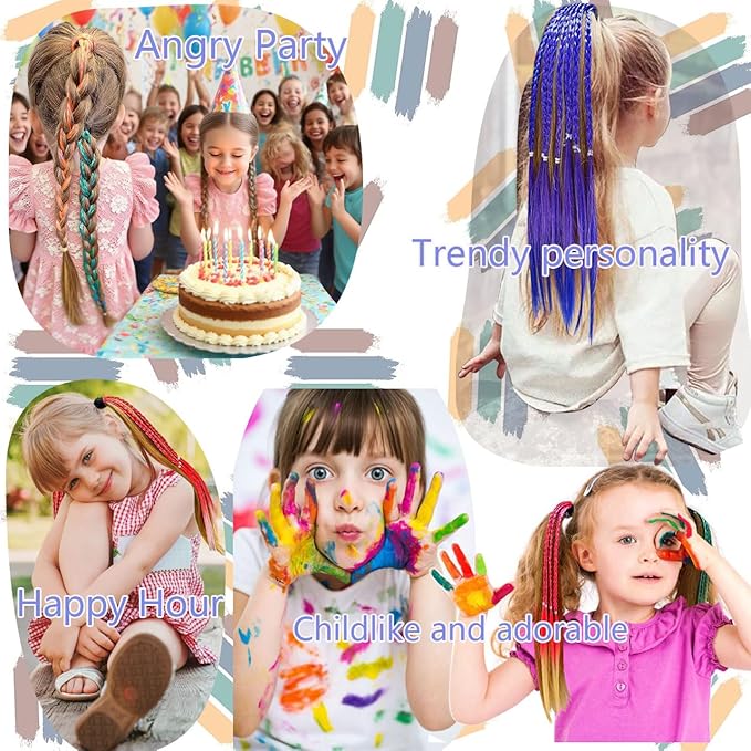 Colored Braids Hair Extensions with Rubber Bands Rainbow Braided Synthetic Hairpieces Ponytail Hair Accessories for Women Kids Girls Party Highlights Cosplay Dress Up (12PCS A Style)