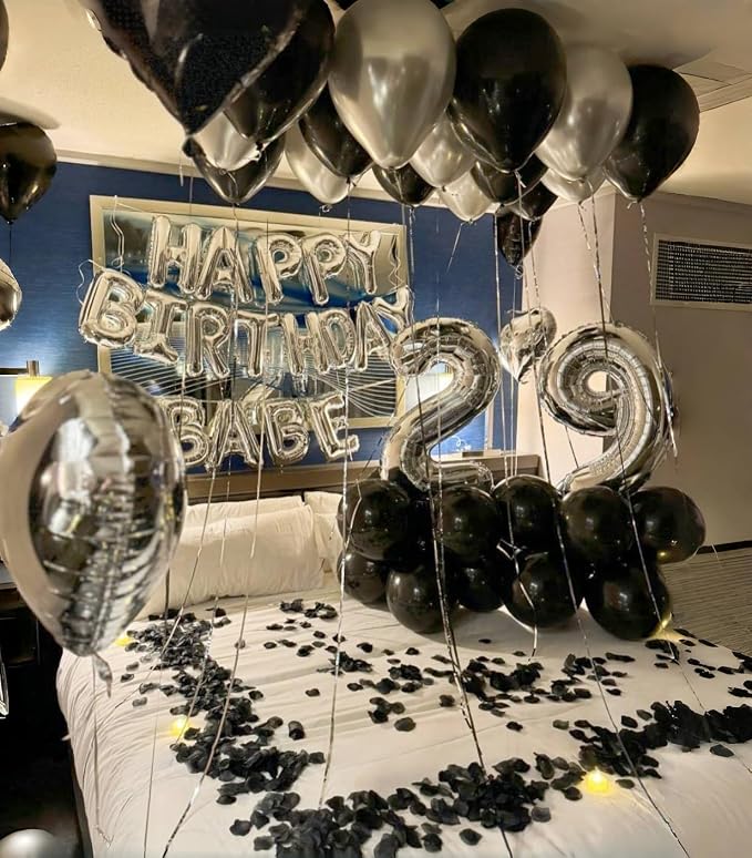 Black and Silver Balloons, 12 Inch Metallic Chrome Black Silver Confetti Latex - Image 6