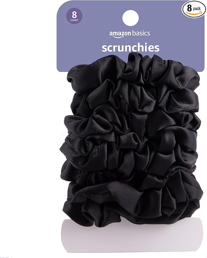 Amazon Basics Satin Scrunchies Black Hair Ties, Pack of 8