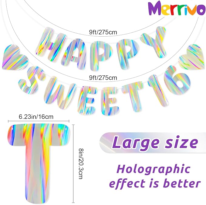 Iridescent Happy Sweet 16 Birthday Banner, Pre-Strung Holographic Party - Image 3