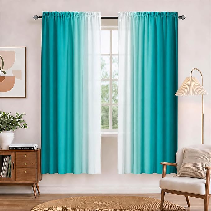 Turquoise Curtains for Living Room 63 Inch Length Teal Ombre Curtains 2 Panel by XFLINGBAO