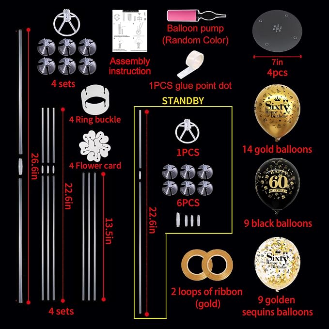 TONIFUL 4 Set Black Gold 60 Printed Balloon Stands - Image 2