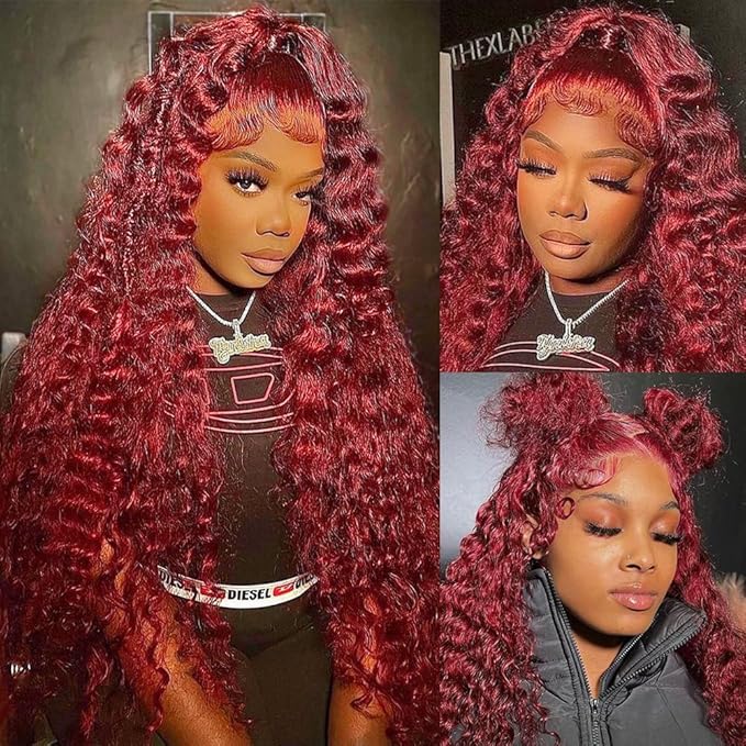 36 Inch 99J Burgundy Lace Front Wigs Human Hair Red Burgundy Wig 200% Density 13x6 Deep Wave Lace Front Wigs Human Hair Pre Plucked Glueless Lace Frontal Wigs for Women