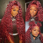 30 Inch 99J Burgundy Deep Wave Lace Front Wigs Human Hair 200% Density 13x6 HD Lace Frontal Wigs for Women 100% Real Human Hair No Synthetic Blend No Tangle No Shedding Triple Lifespan 3X