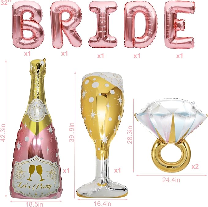 9 Pcs Bride Balloons, Huge Rose Gold Champagne Bottle Goblet Aluminum Foil - Image 6