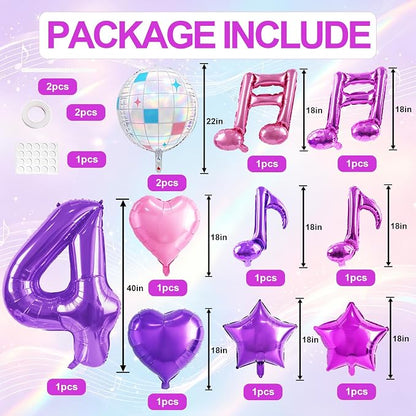 TONIFUL Girl‘s Purple Pink Music Themed 4th Birthday Decorations | 40 Inch - Image 2
