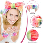 3PCS Spa Headband and Wristbands Set for Women, Soft Microfiber Face Wash Headband with Cute Bow, Elastic Absorbent Wrist Towels, Makeup Skincare Accessories for Facial, Shower, Yoga