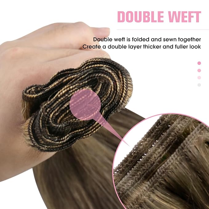 YoungSee Sew in Hair Extensions Real Human Hair Highlights Brown with Blonde Weft Extensions Long Straight Human Hair Sew in Extensions Dark Brown Mix Caramel Blonde 22Inch 100G
