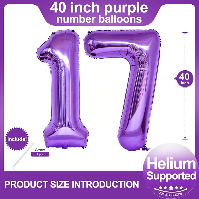 Number 17 Purple Balloons 40 Inch Giant Purple 17 Number Foil Helium Balloons - Image 2