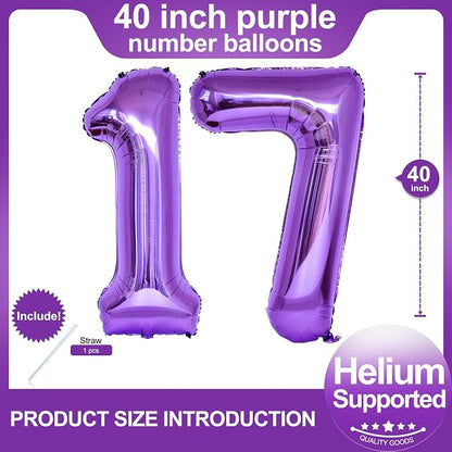 Number 17 Purple Balloons 40 Inch Giant Purple 17 Number Foil Helium Balloons - Image 2