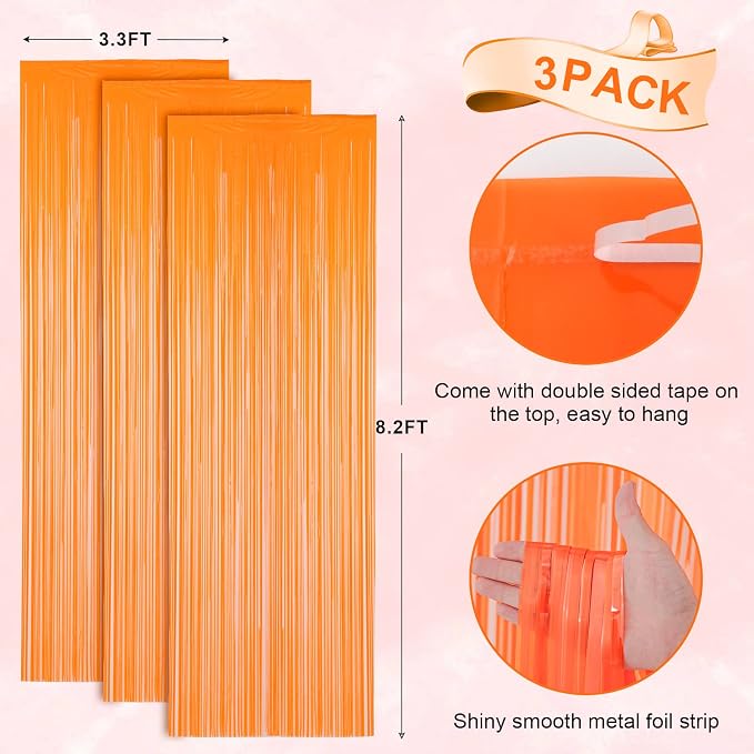Voircoloria Pastel Orange Foil Fringe Backdrop Curtains, 3 Pack | Tinsel - Image 3