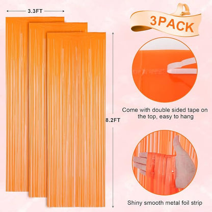 Voircoloria Pastel Orange Foil Fringe Backdrop Curtains, 3 Pack | Tinsel - Image 3