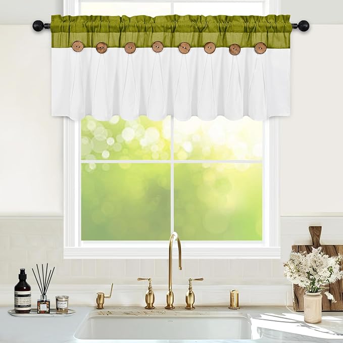 Farmhouse Valance Curtains, Boho Cotton Linen Kitchen Valance, Rustic Button - Image 2