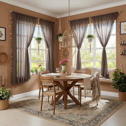 WAZZIO Boho Lace Curtains 63 Inches 2 Panel, Light Filtering Privacy Tassel & - Image 5